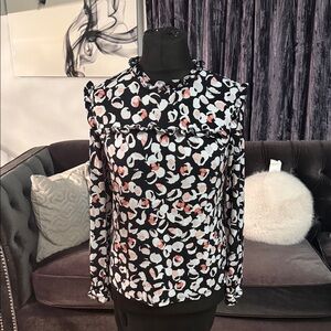Karl Lagerfeld Black Floral Ruffle-Yoke Blouse with Blush Accents